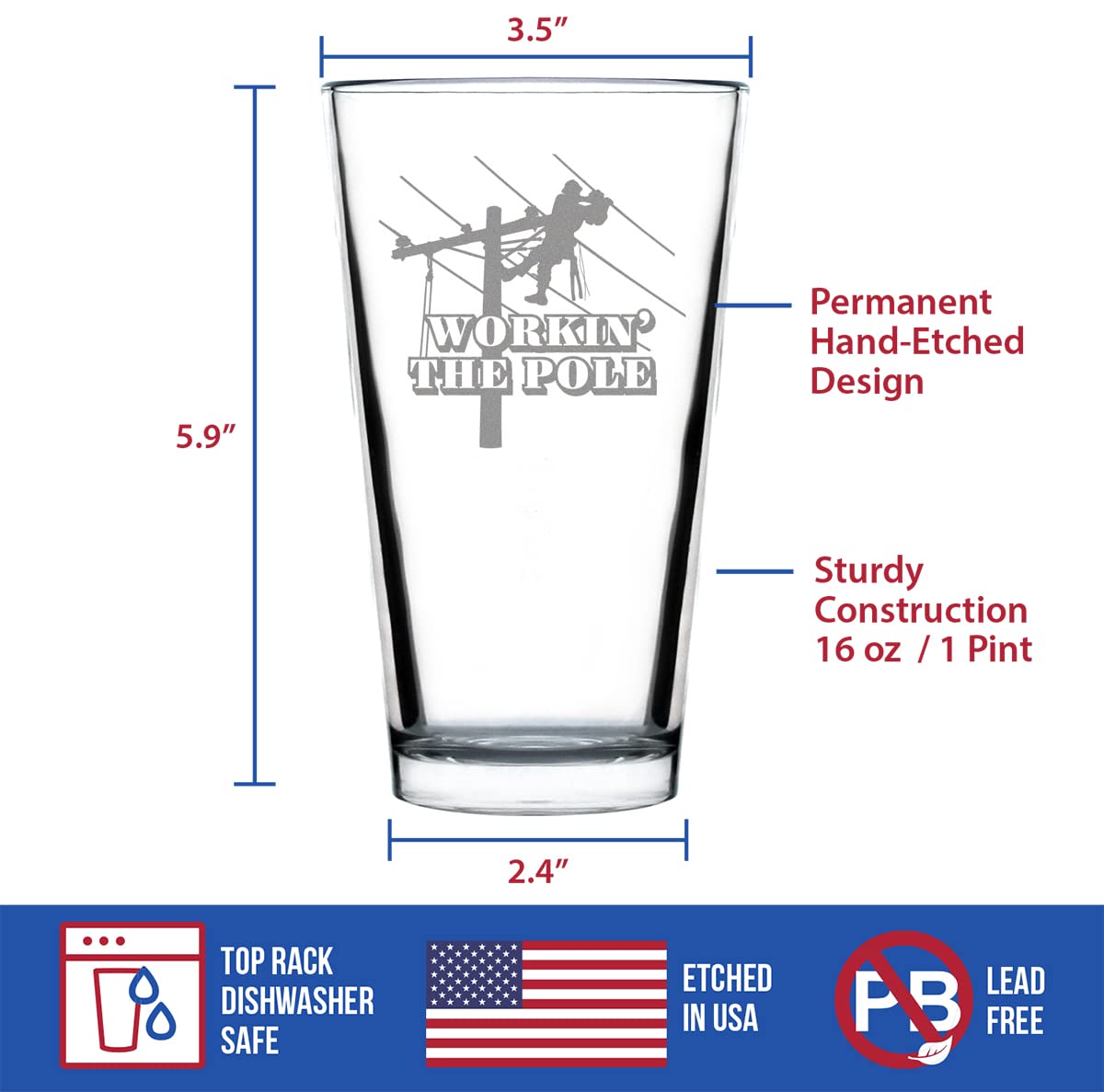 Bevvee Workin' the Pole - Lineman Electrician Pint Glass - Funny Electrician Gifts for Electricians - 16 Oz Pint Glasses
