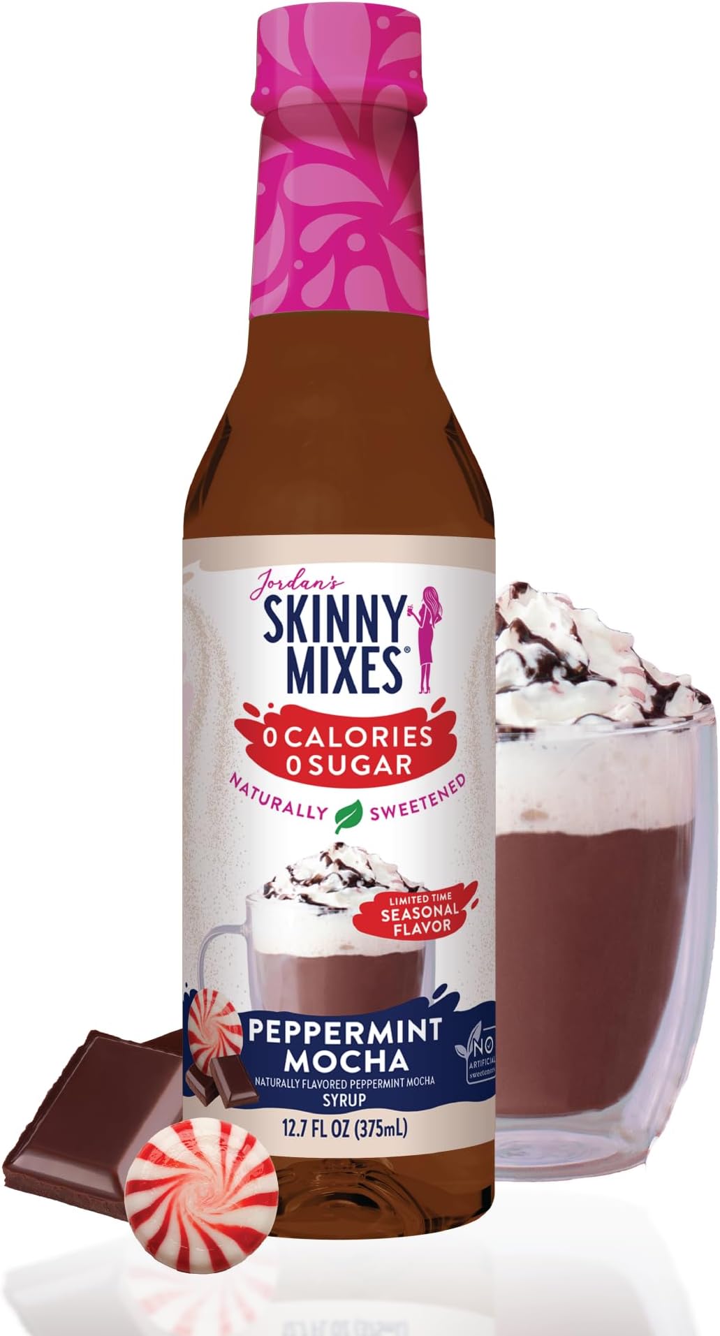 Jordan's Skinny Mixes Sugar Free Coffee Syrup, Peppermint Mocha Coffee Flavoring Syrup, Naturally Sweetened Zero Calorie Drink Mix, Lattes, Baking or Protein Shake, Dairy & Gluten Free, 12.7 Fl Oz