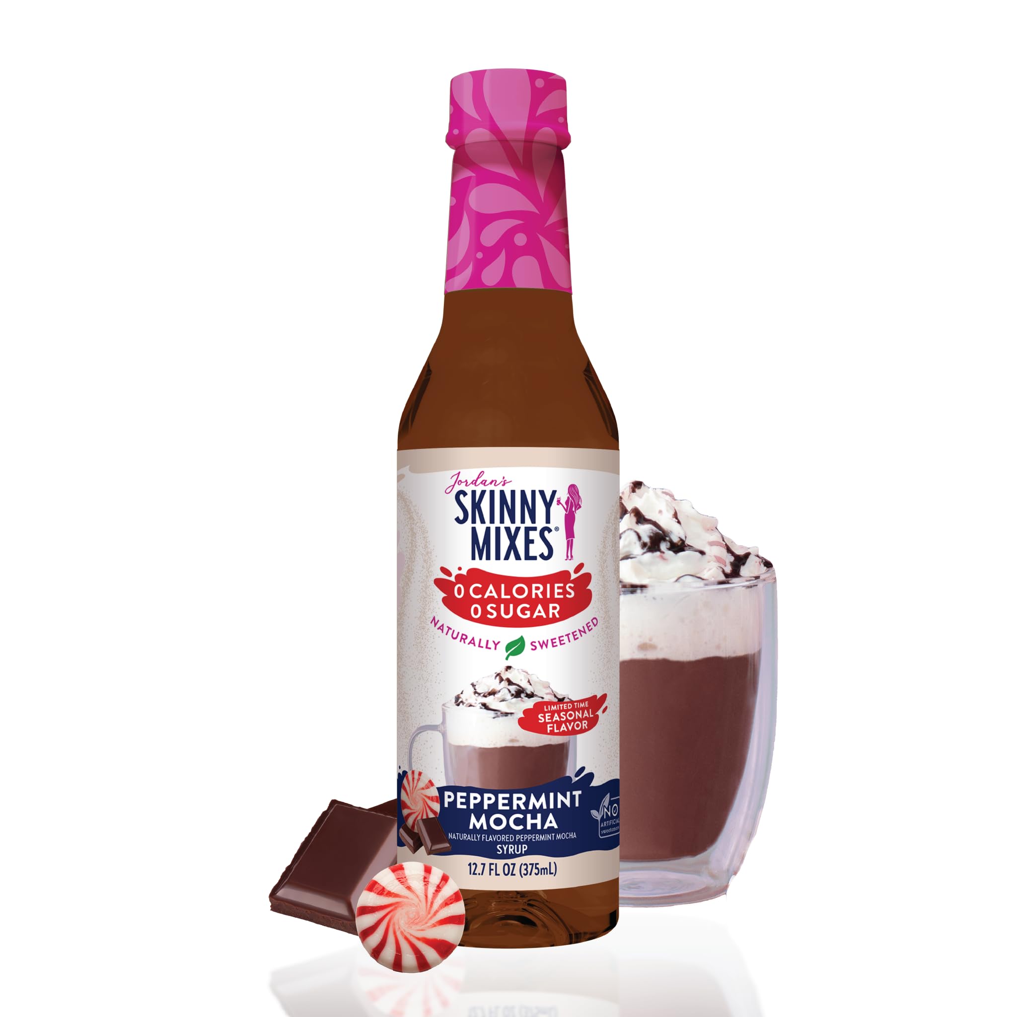 Jordan's Skinny Mixes Syrups Sugar Free Syrup, Peppermint Mocha Syrup, 12.6 oz, Zero Sugar and Zero Calorie Flavoring for Coffee, Protein Shake, Cocktail or Mocktail Drinks & More, Naturally Sweetened Line
