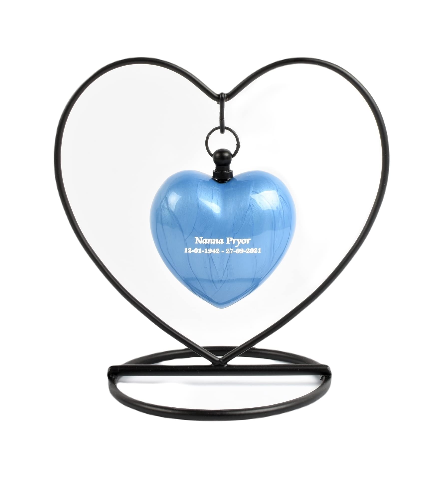 Heart Keepsake Cremation Urn for Ashes – Exclusive Protected Design Mini Aluminium Memorial Urn with Heart Stand, Velvet Box & Funnel – 3-Inch Token Ashes Holder (Blue- Text Engraved)