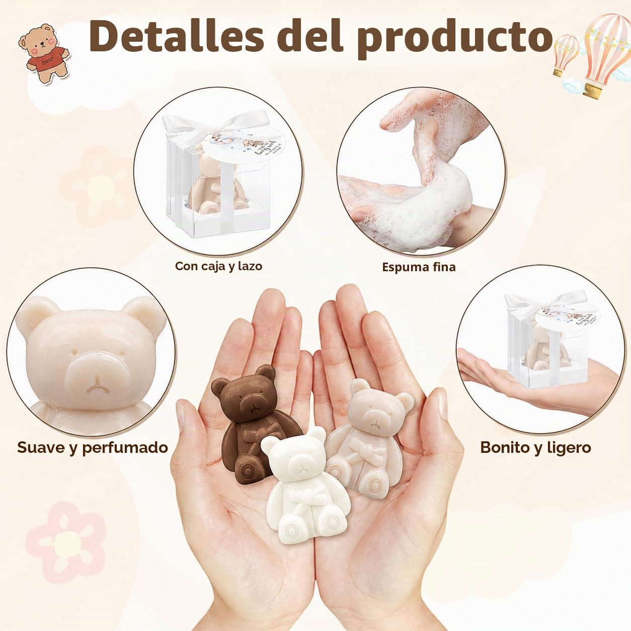 36 piezas de mini-jabón en forma de oso con caja de regalo y tarjetas de agradecimiento, jabones perfumados para baby shower, bautizo, boda, revelación de género y cumpleaños – Blanco y marrón