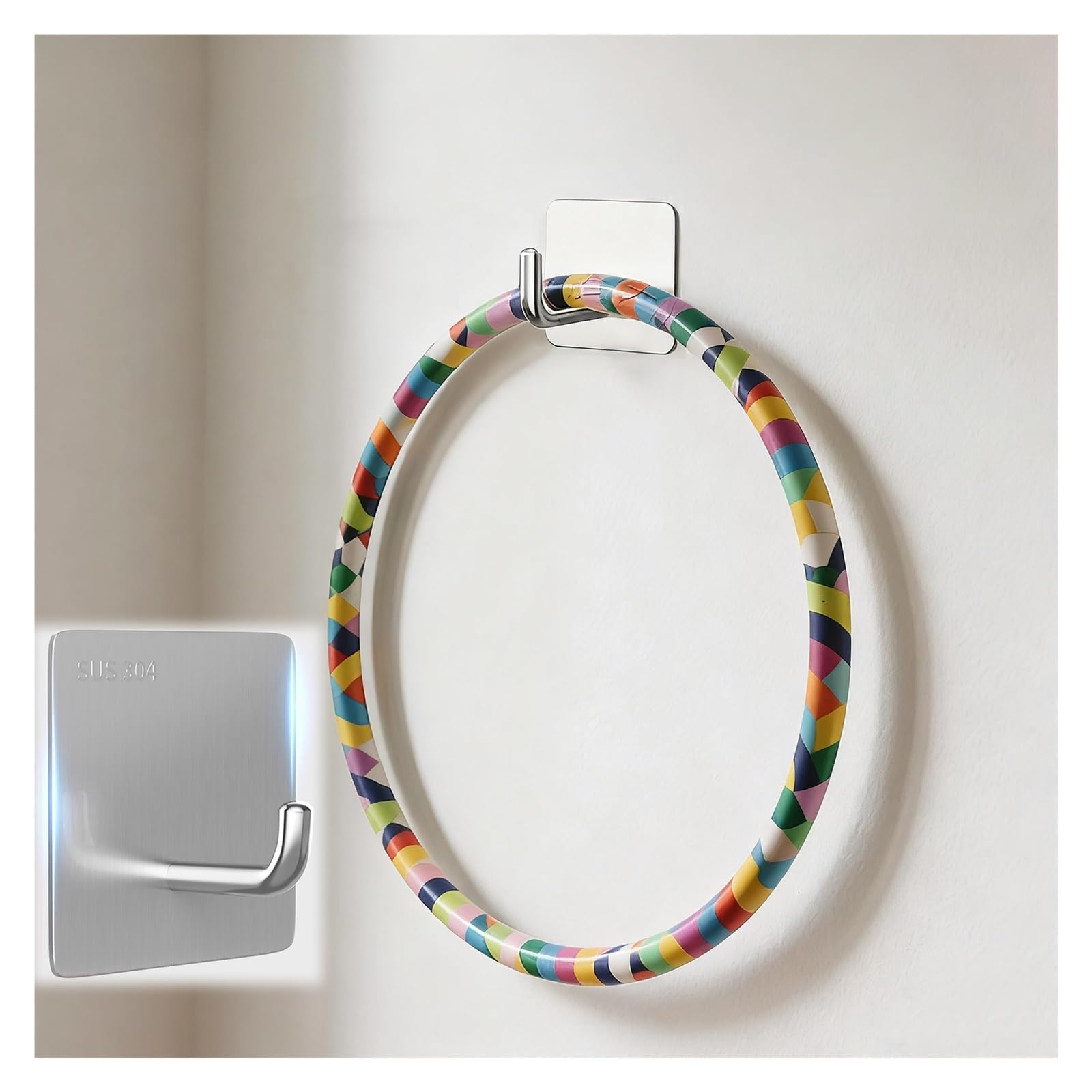 Hula Hoop Hook Storage Rack Heavy Duty, Hole-Free Gymnastics Ring Fixing Kit, Stainless Steel Wall-mounted Strong Adhesive Hooks(Silver)