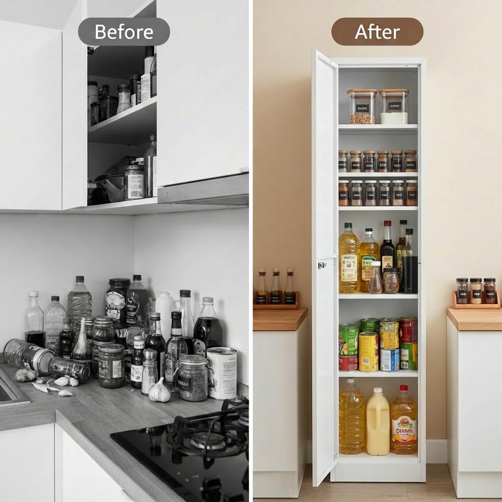 Schließfach, Schmaler Schrank 40 cm breit, Metallschrank Abschließbar, Aktenschrank mit 1 Tür & 4 Einlegeböden, Kleiderschrank für Ecke, Badezimmer, Küche, 180x40x35cm Weiß