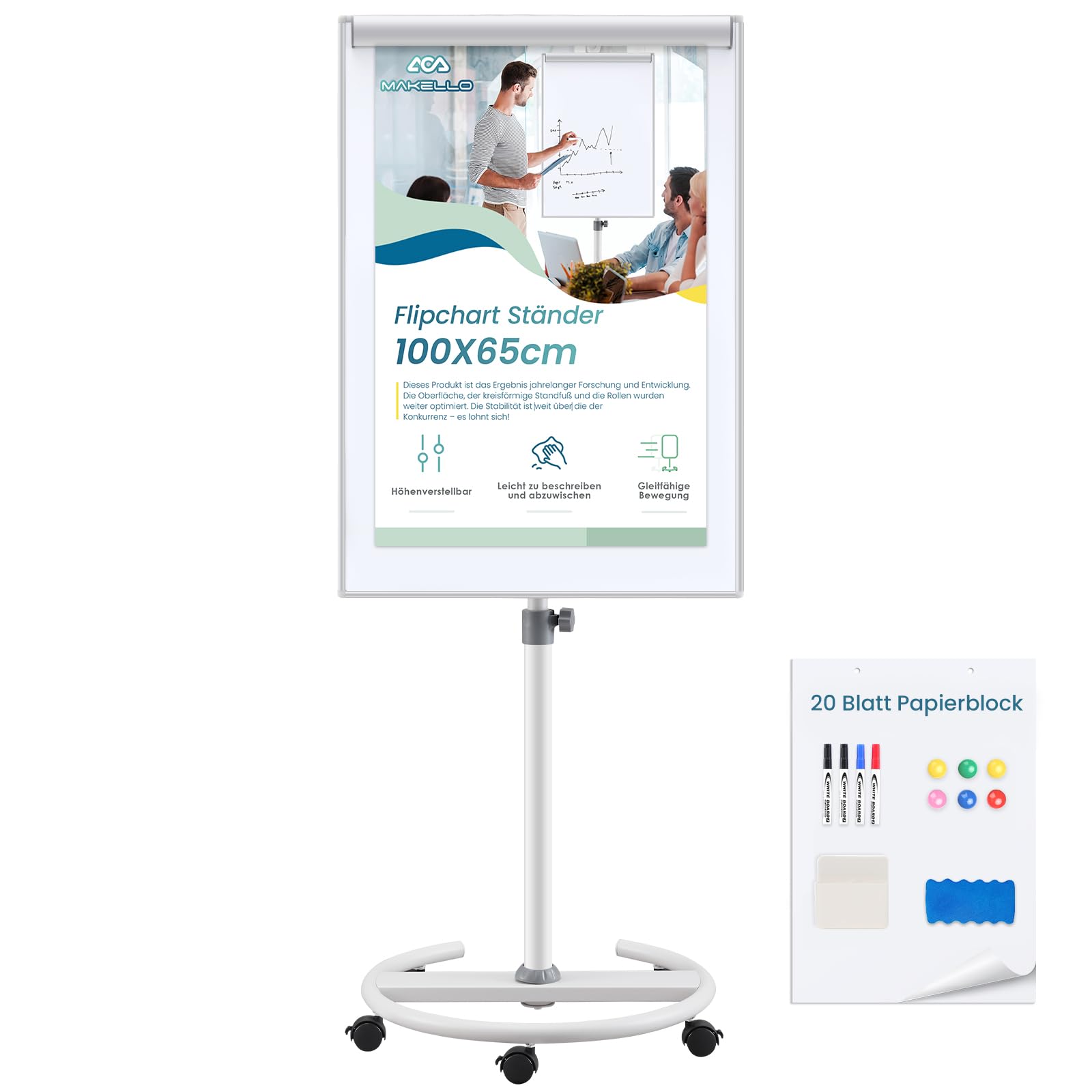 MAKELLO Flipchart,Whiteboard Mobil mit Rollen,Flipcharts für Büro mit Rollen