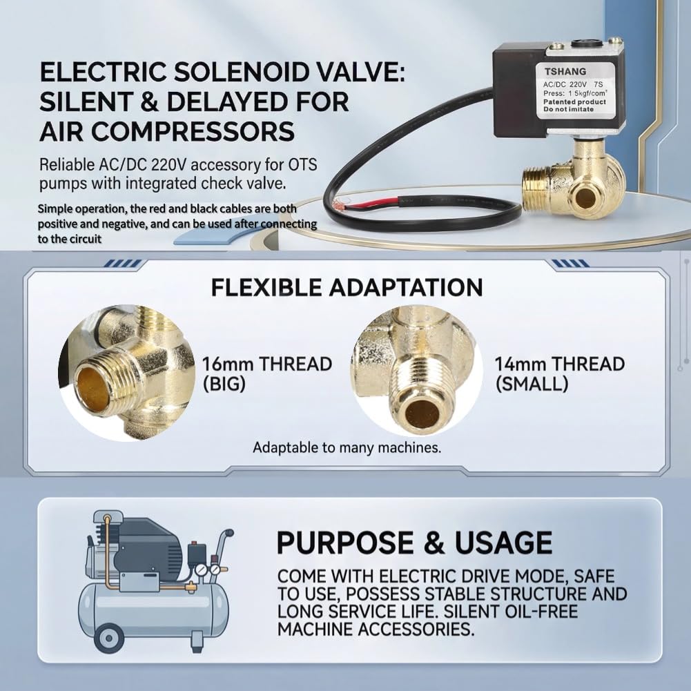 Électrovanne électrique AC/DC 220V, avec Clapet Anti-retour, électrovanne Silencieuse pour Accessoires de Pompe de Compresseur D'air OTS