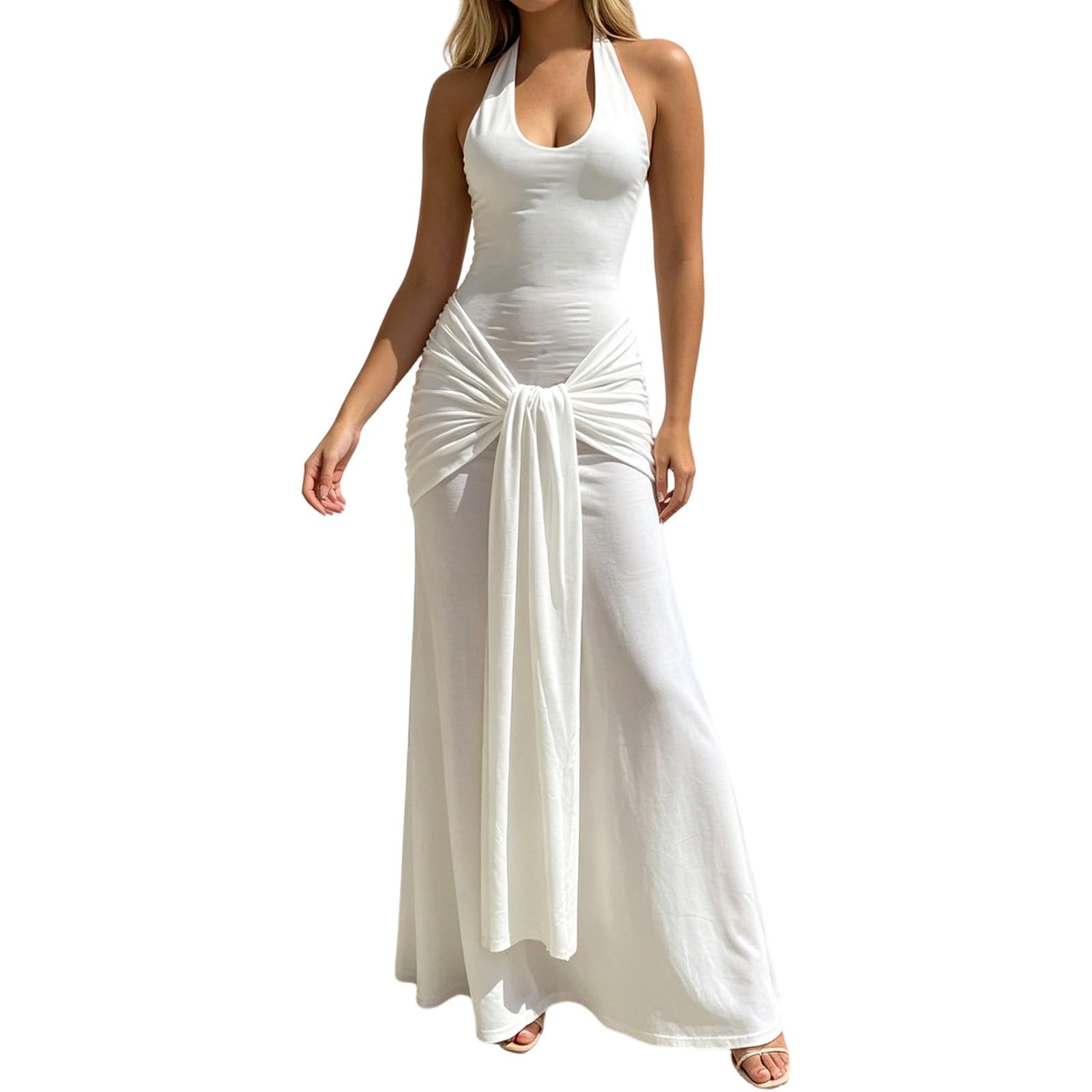 Vestido de fiesta elegante corte sirena con cuello halter sofisticado 8