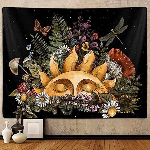 Boho Sun Tapestry for Bedroom Aesthetic, Vintage Mushroom Botanical Plant Art...