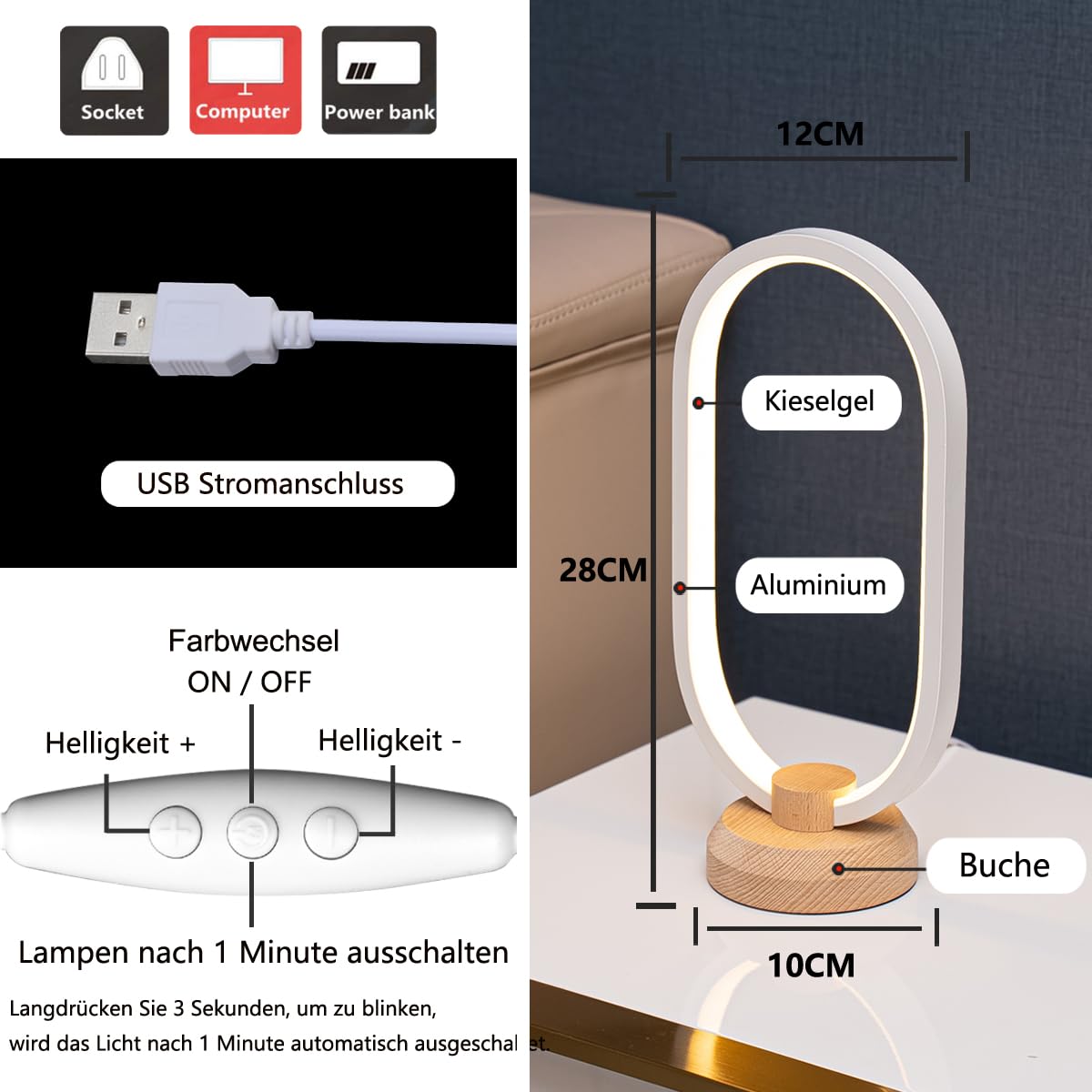 Lampada da tavolo moderna a LED, ovale, da comodino, dimmerabile, piccola lampada da tavolo per camera da letto, 3000 K-6000 K, luminosità 5, lampada decorativa creativa per soggiorno, bambini,
