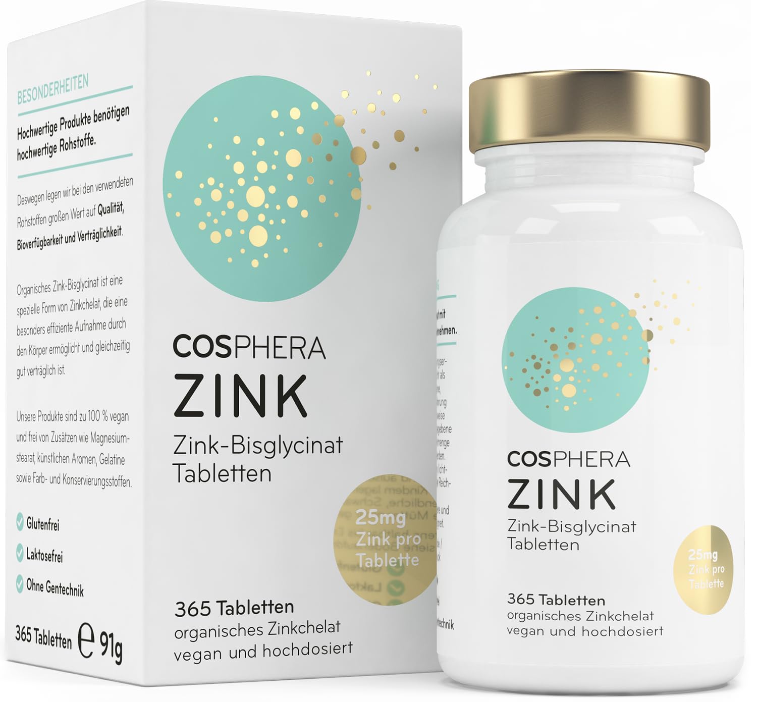 Zink Tabletten - Hochdosiert mit Markenrohstoff - 25 mg Zinc Bisglycinat pro Tablette - 365 vegane Tabletten im 1-Jahresvorrat - Gut verwertbares Zinkchelat für Haare, Haut und Nägel von Cosphera