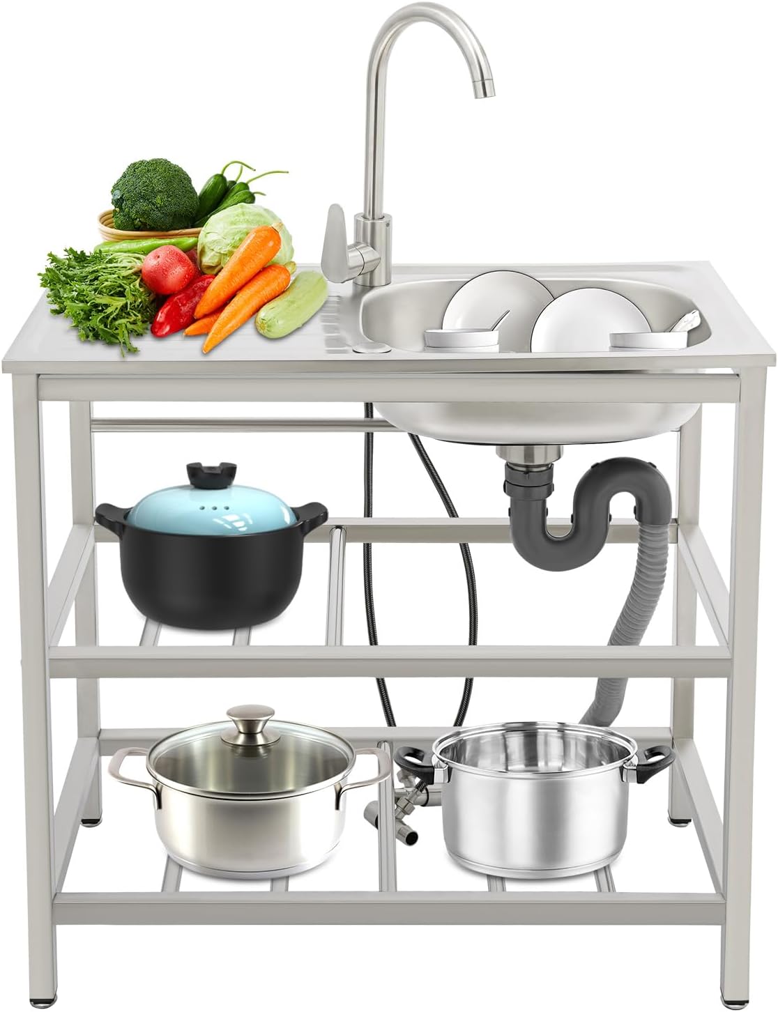 Stainless Steel Utility Sink, Single Bowl Portable Sink Hand Wash Station, Free Standing Kitchen Sinks with Cleaning Table and 2 Storage Shelves for Indoor Outdoor