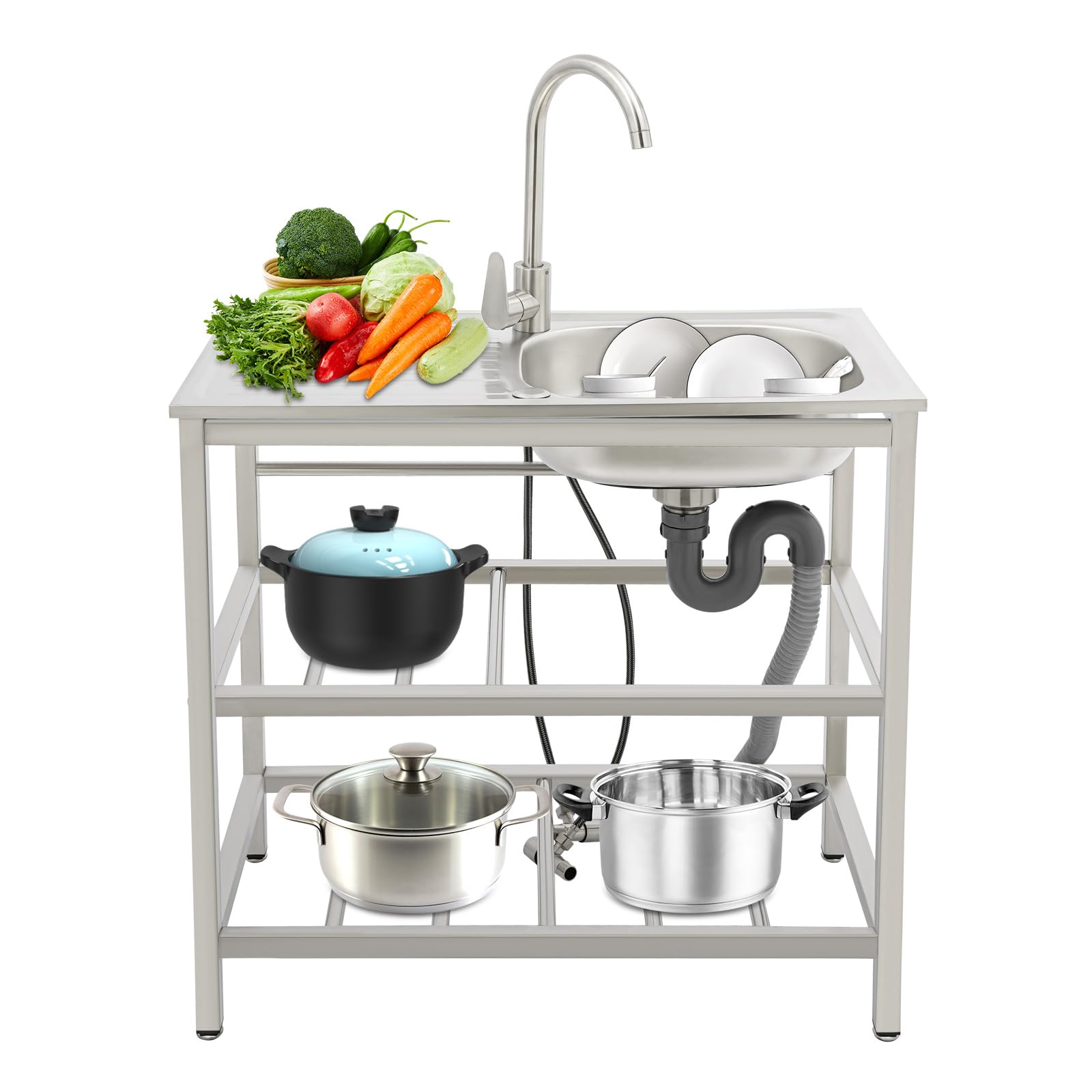 Freistehende Waschbecken Edelstahl Gewerbliche Spüle mit Wasserhahn, Küchen Spültisch 2/3 Ebenen mit Plattform, Gastro Spülbecken 75x40x75cm Edelstahlspüle bis 40KG (3 Ebenen)
