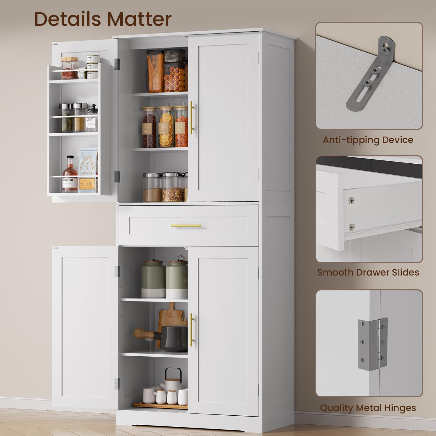 70.9" Tall Pantry Cabinet, Kitchen Pantry Storage Cabinet, Freestanding Food Pantry Cabinet with 4 Doors and Adjustable Shelves, Cupboard with Drawer for Kitchen, Living Room, White