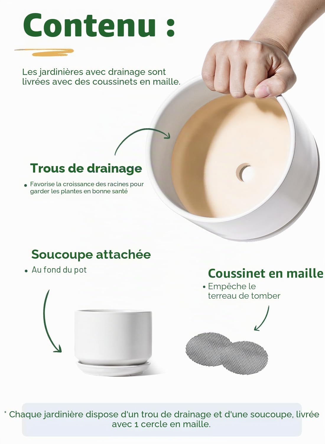 Le TAUCI Lot de 3 Pots de Fleurs en céramique avec Trou de Drainage et Soucoupe, 11,9 cm + 13,5 cm + 17,3 cm, pour intérieur – Blanc