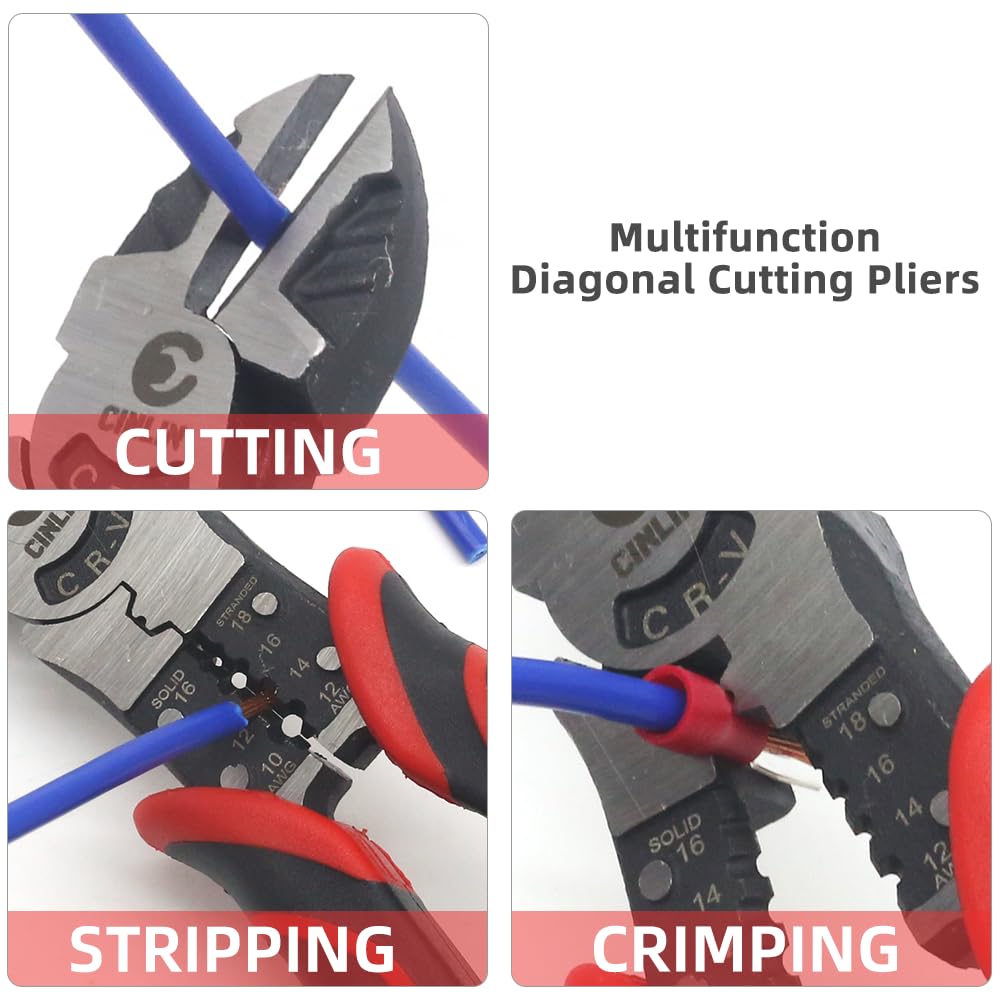 Alicates de corte diagonal 3 en 1, multifunción de 7.5 pulgadas, función de corte lateral/pelado/crimpado, cortadores de alambre con mango ergonómico para electricistas y hogares. Alicates