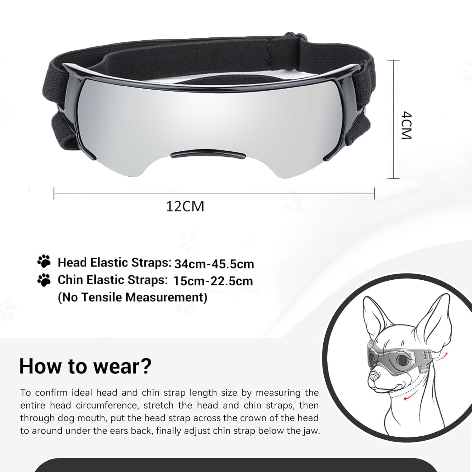 Hundebrille für kleine Rassen, UV-Schutz, Winddicht, Augenschutz, Haustier-Sonnenbrille mit verstellbaren Riemen, zum Autofahren/Outdoor-Aktivitäten (Silber)