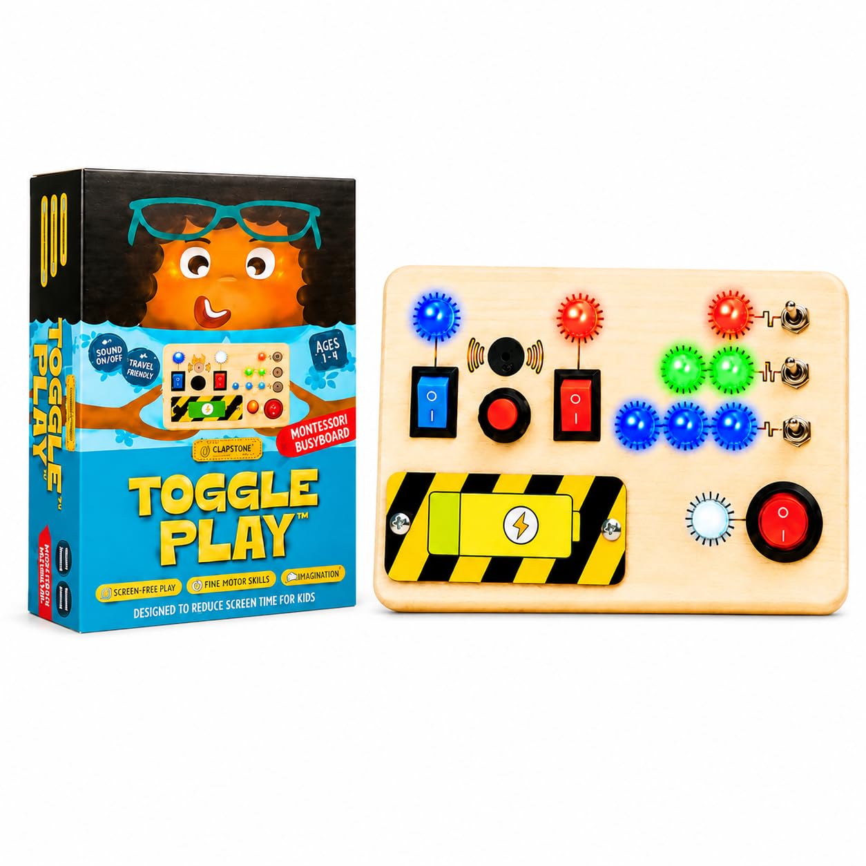 Clapstore Toys Montessori Toggle Play Busy Board with LED Light, Wooden Sensory Activity Board for Toddlers & Kids 1-6 Years, Hand-Eye Coordination & Brain Development for Boys & Girls-image-5