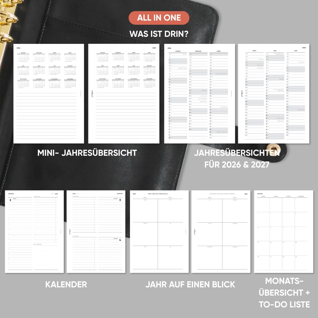 pen & pages® Kalender 2026 "Tagesplan" 1 Woche auf 2 Seiten DIN A5 Kalendereinlage für Ringbuch mit Monatsübersicht Jahresübersicht DACH Feiertagen 6 fach Lochung (All-in-One)