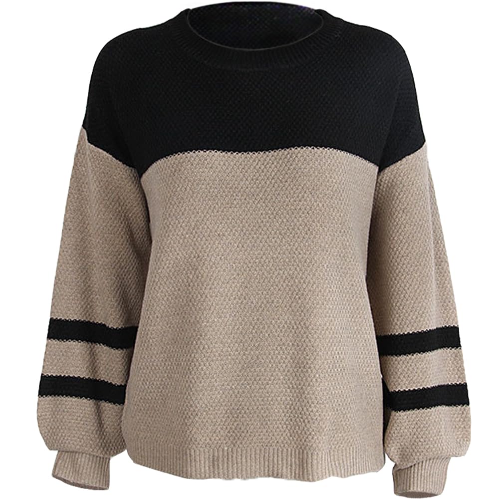 Womens Casual Sweater Tops Two-Tone Knit Pullover Long Sleeve Sweaters Crewneck Trendy Loose Fit Loungewear