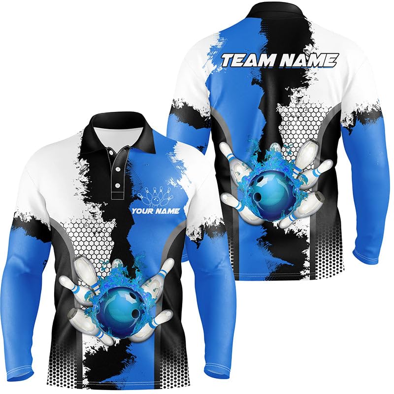 Schwarz-Weißes Bowling Liga Trikot mit Feuerdesign, Personalisiertes Herren & Damen Polo & Viertelreißverschluss Shirt, Geschenk für Bowlerinnen | Blau N7189