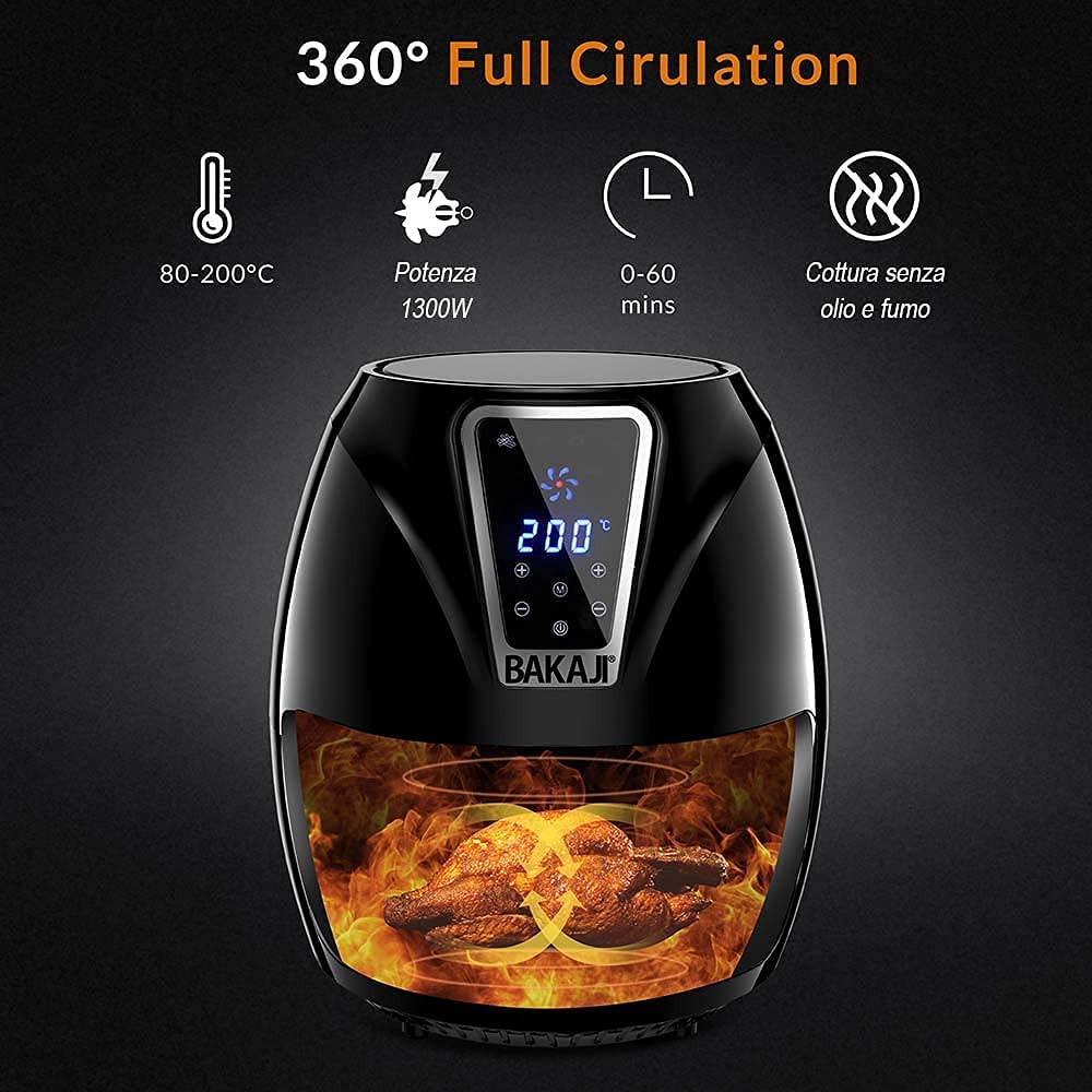 Bakaji Friggitrice ad Aria Calda Senza Olio Airfryer Digitale 3,25 Lt Frigge Cuoce Arrostisce in modo Naturale e Salutare Potenza 1300W con Timer e Regolazione Temperatura