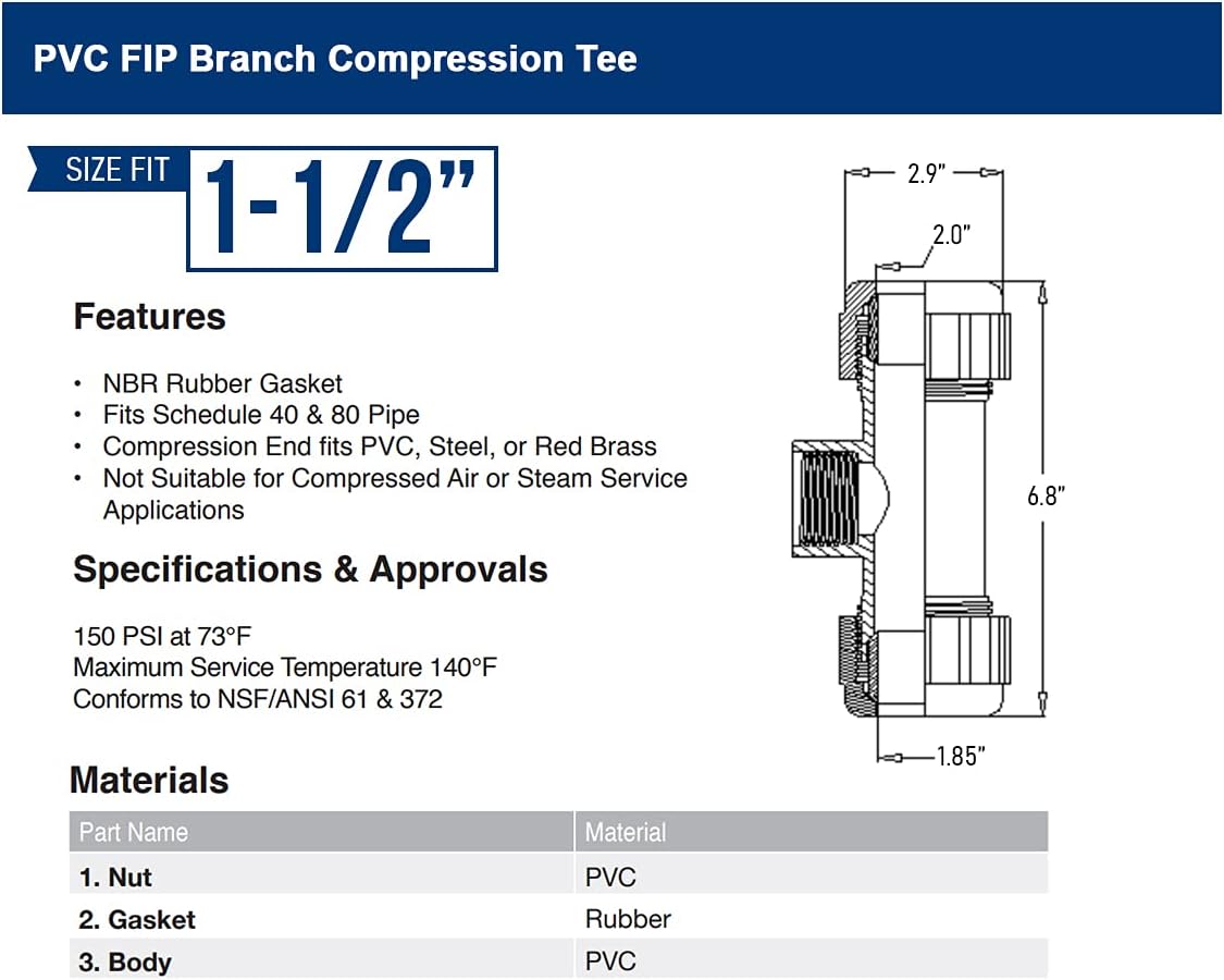 Midline Valve 592DU112 PVC Compression Tee Pipe Fitting with FIP Branch; 1-1/2''; White Plastic