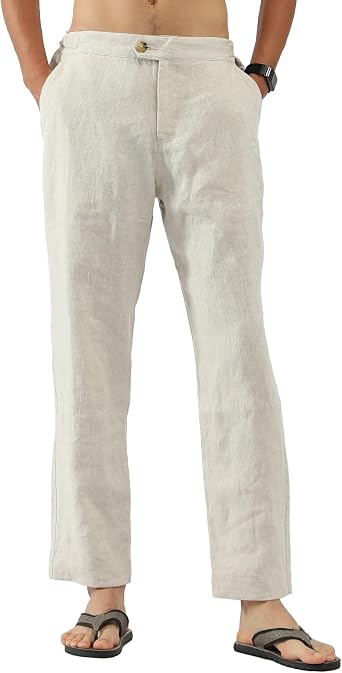 Mens 100% Linen Pants with Adjustable Tabs Breathable Mid-Weight Tapered Leg Trousers for Casual Office Travel
