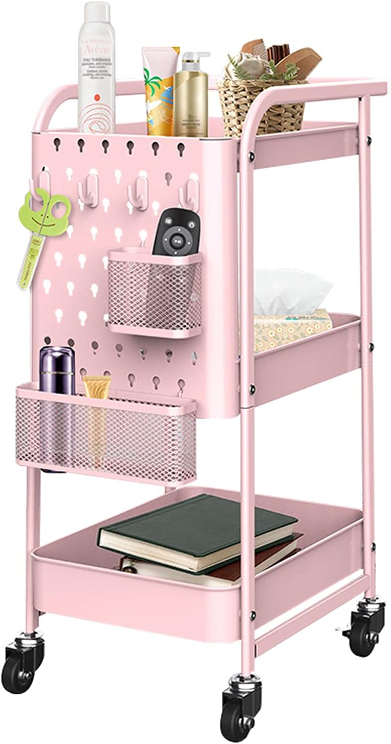 Storage Trolley, Utility Cart Metal Shelving with PegboardRolling Cart with Removable Baskets HookStorage Rack for Kitchen Office Garage,Gray (Color : Pink)