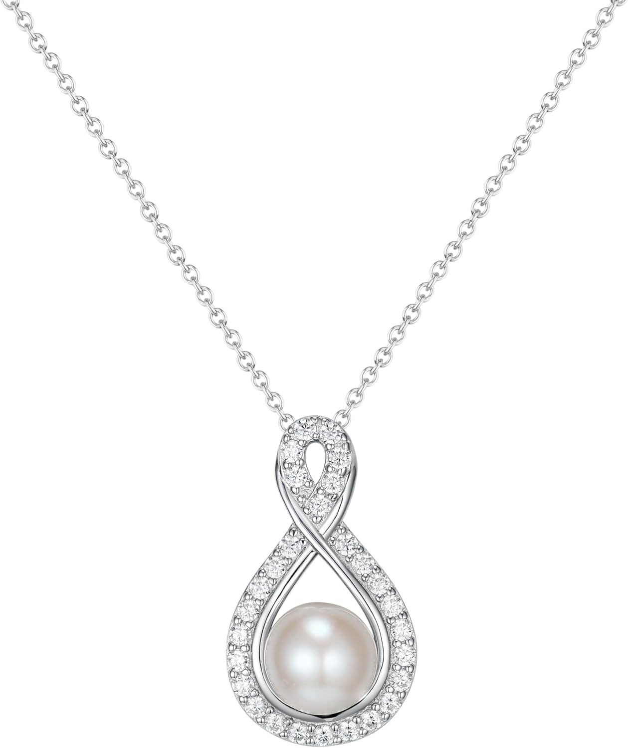 White Pearl Pendant Necklace Sterling Silver Infinity Symbol with Cubic Zirconia, Fine Jewelry Gift for Women, Best for Graduation, Mother's Birthday, and Special Occasions