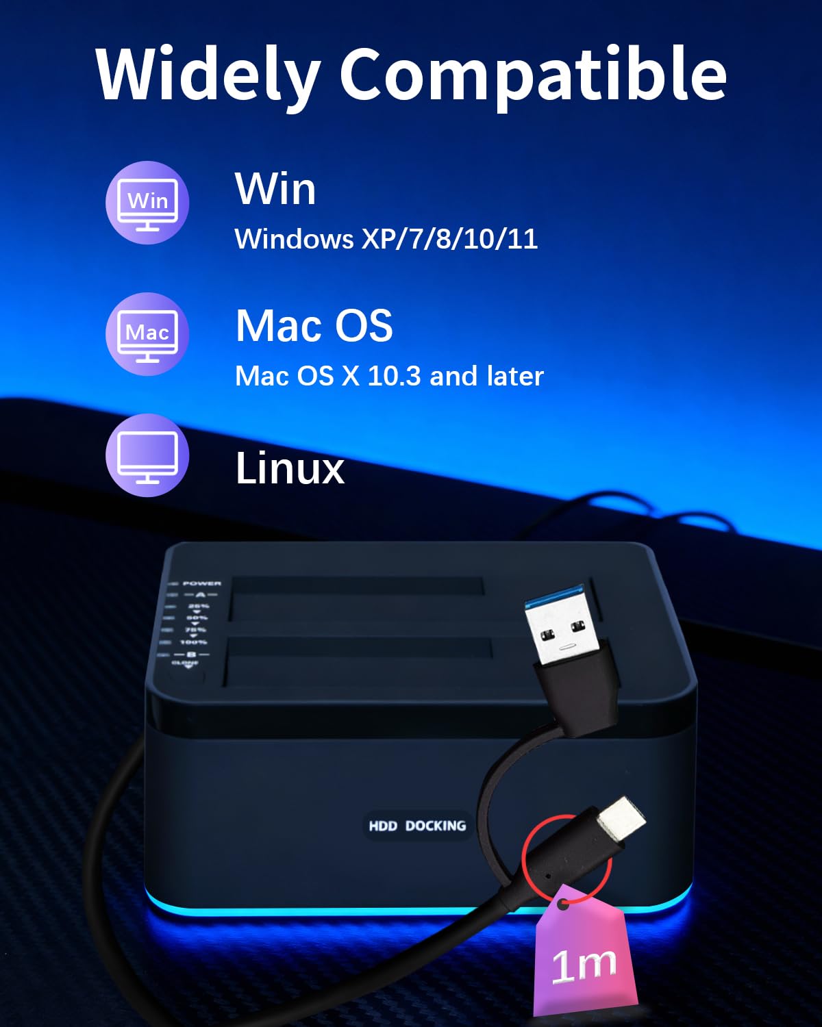 Dual-Bay RGB Hard Drive Docking Station with Offline Clone Function, 2x20TB USB 3.0 SATA HDD/SSD Duplicator Dock, UASP & Trim Support, Plug & Play for 2.5/3.5 Inch HDD/SSD, Includes USB-A to C Cable