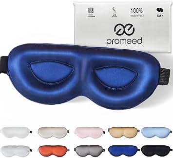 PROMEED Adjustable 100% Mulberry Silk Sleep Mask 23 Momme, 3D Contoured No-Pressure Cup Eye Mask for Sleeping, Super Soft Breathable Blindfold, Perfect Blocks Light for Sleeping Navy