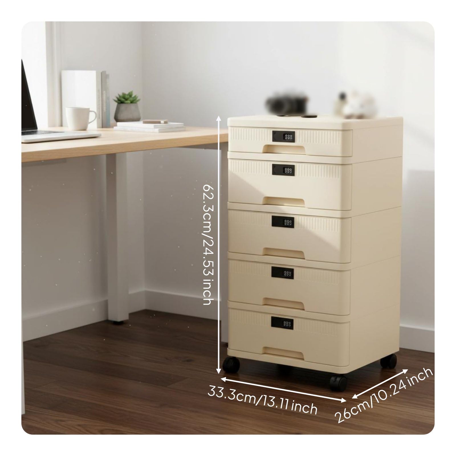 Almencla Archivador con Cajonera de Escritorio Gabinete de Almacenamiento Organizador con Llave Compartimentos para A4 Certificados y Suministros Material PP, 5 Capas 4 Altas + 1 Baja