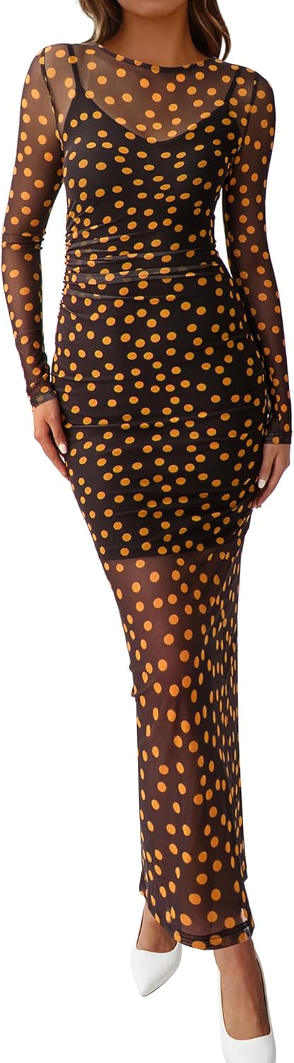 BTFBM Fall Dresses for Women 2025 2 Piece Set Long Sleeve Polka Dot Sexy Bodycon Mesh Dress and Slip Dress Party Wedding(Big Dot Black Yellow, Small)