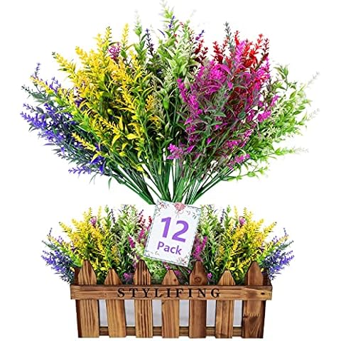 STYLIFING 12 Bundles Artificial Flowers, UV Resistant No Fade Fake Flowers Outdoor Faux Lavender Plastic Plants for Garden Porch Window Box Décor Cover
