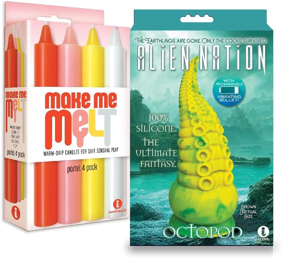 Couples Sex Toy Bundle of Make Me Melt Sensual Warm-Drip Candles, 4 Pack, Pastel and Icon Brands Alien Nation Octopod Silicone Rechargeable Vibrating Creature Dildo - Yellow & Green