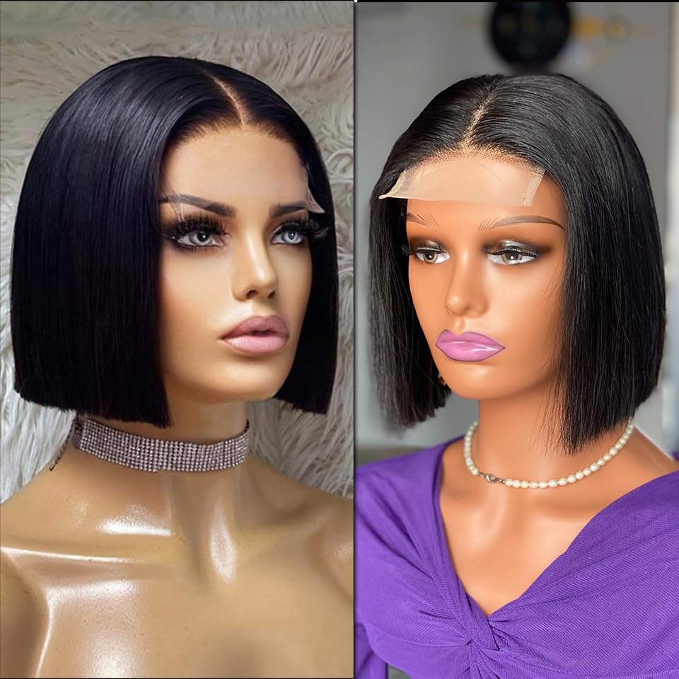 Vietnam Bone Straight glueless bob wig human hair 4x4 Bleached Knot Lace closure wigs for black women (Black, 10 Inch) (Black) (Black)