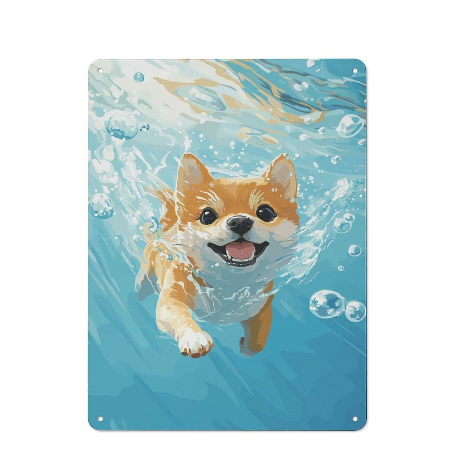 Workshop Style Shiba Inu Swimming Underwater Tin Sign 40x30cm, Industrial Wall Art for Garage, Hobby Room, Office Or Man Cave
