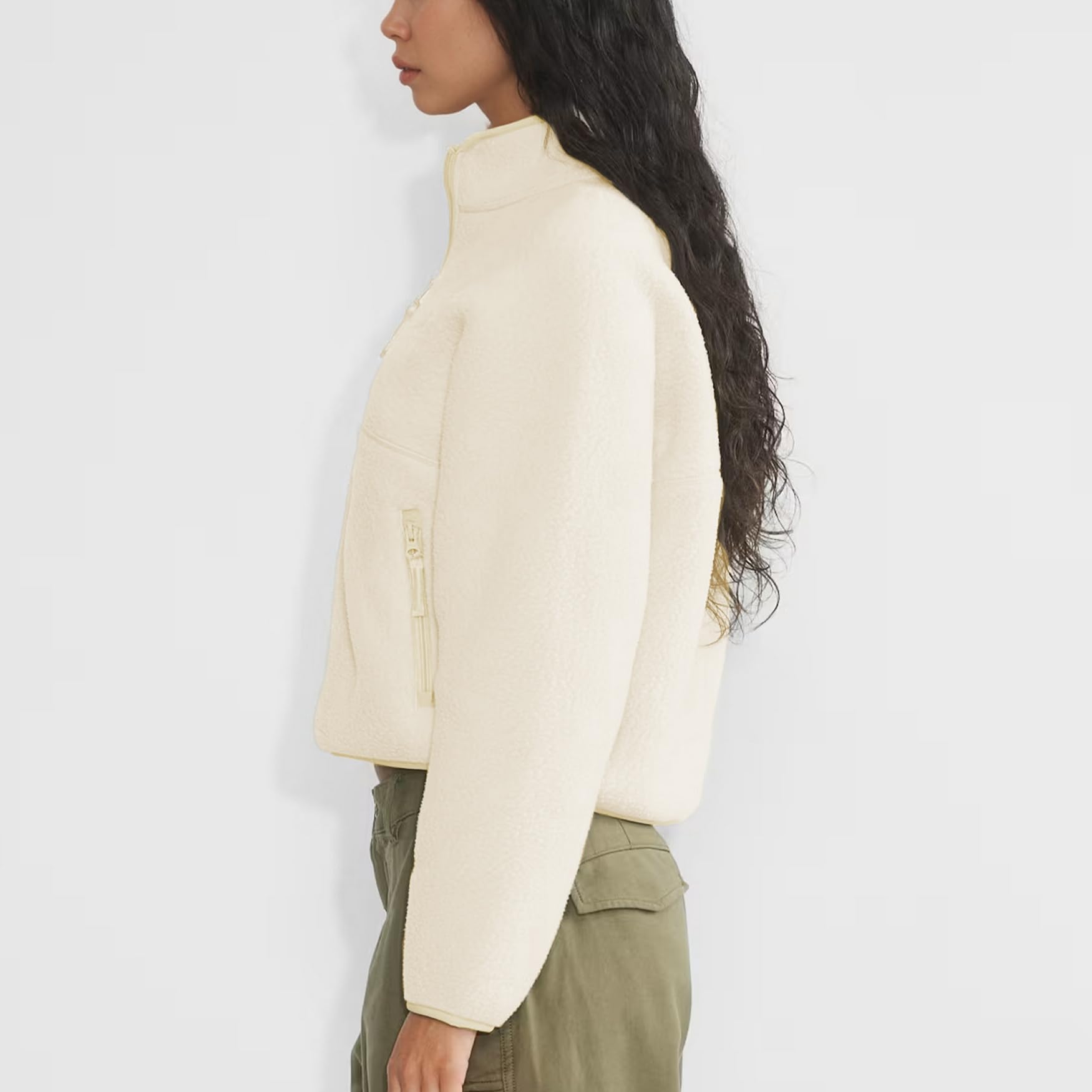Felpa corta da donna con mezza zip, in pile Sherpa, con tasche
