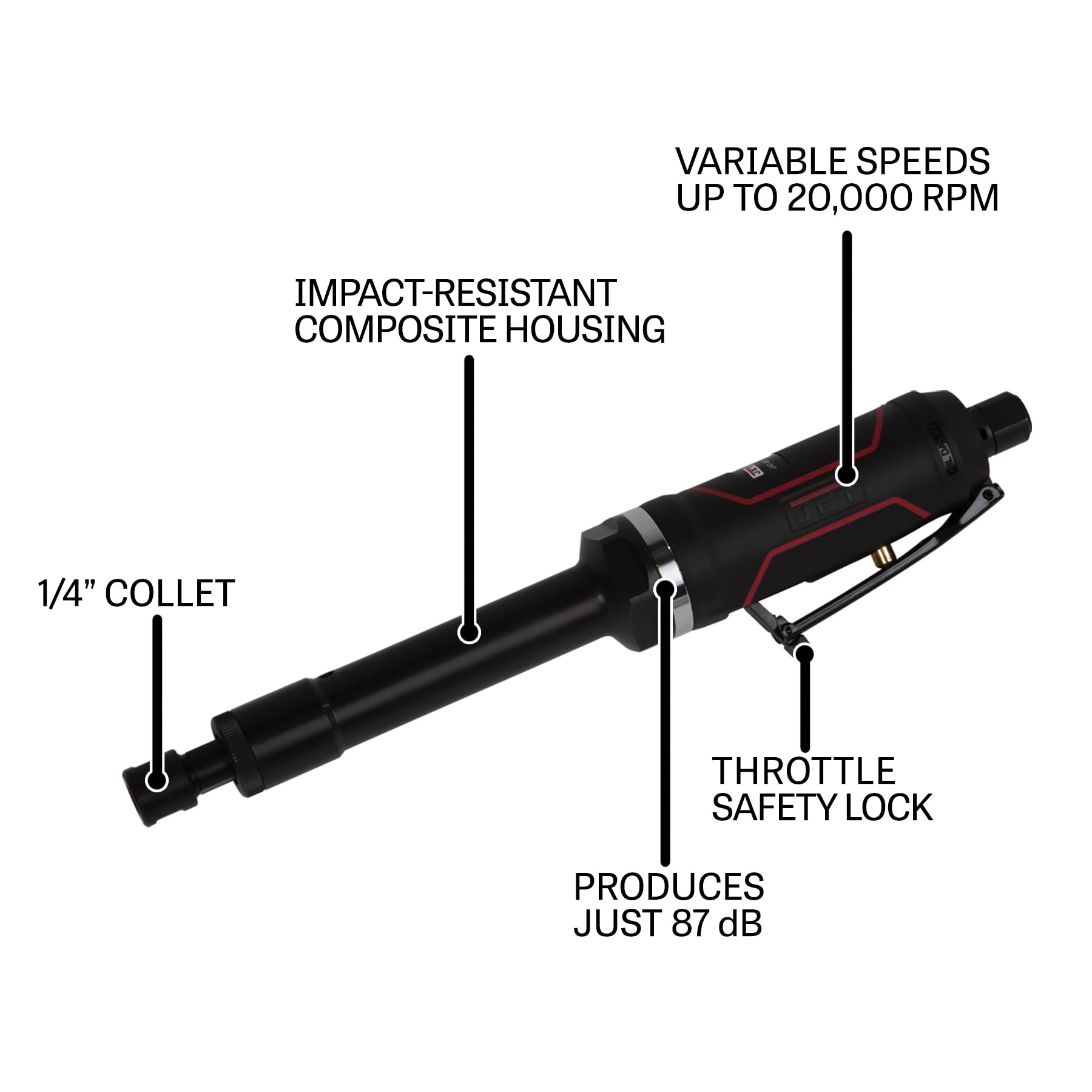 JET JAT-402 Pneumatic R6 Extended Die Grinder – 1/4" Capacity, Lightweight Aluminum, Variable Speed, Safety Lock