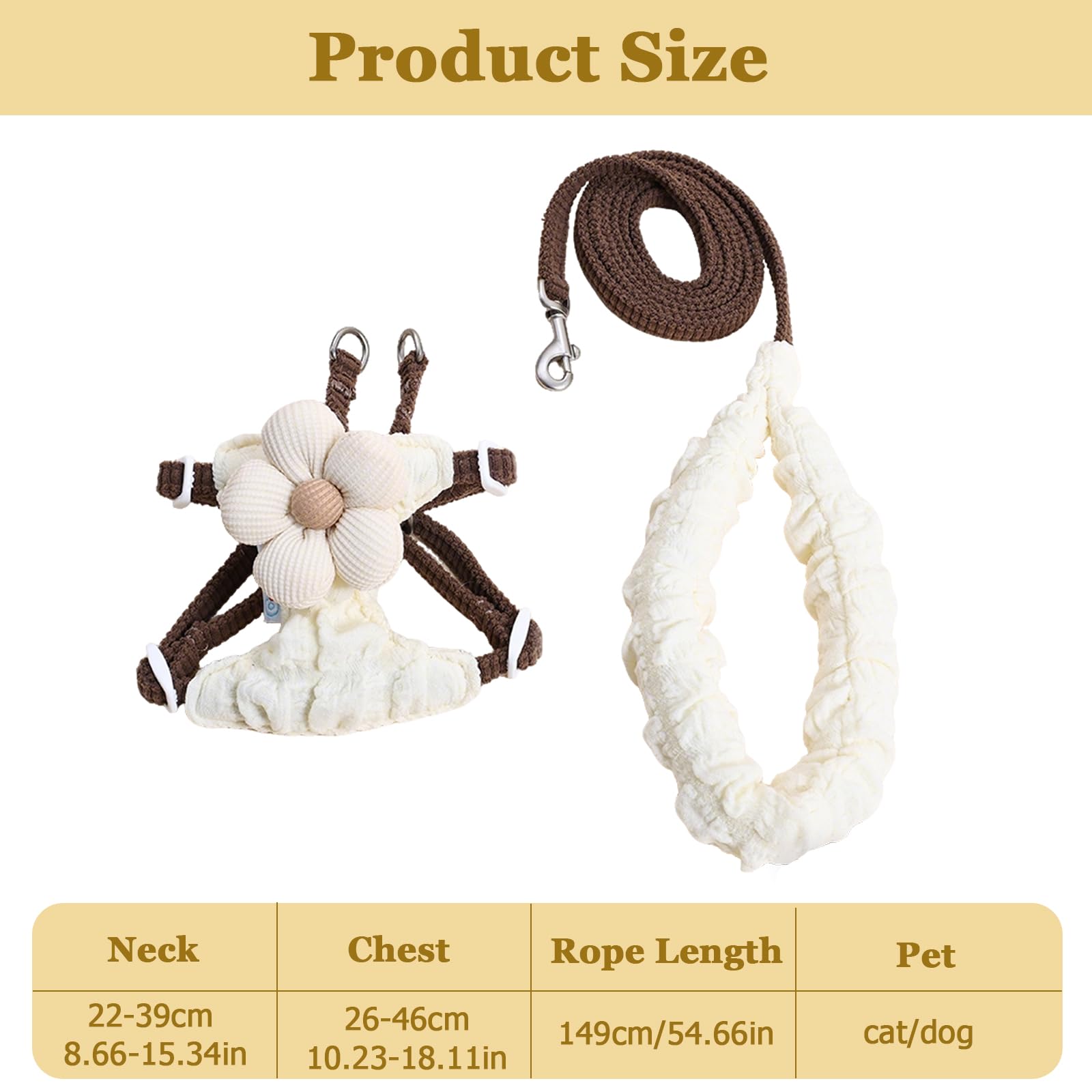 Katzengeschirr und Leine, Set mit Blumenmuster, H-Stil, niedlich, verstellbar, weich, ausbruchsicher, für Spaziergänge, kleine Hunde und Katzen, Beige und Braun