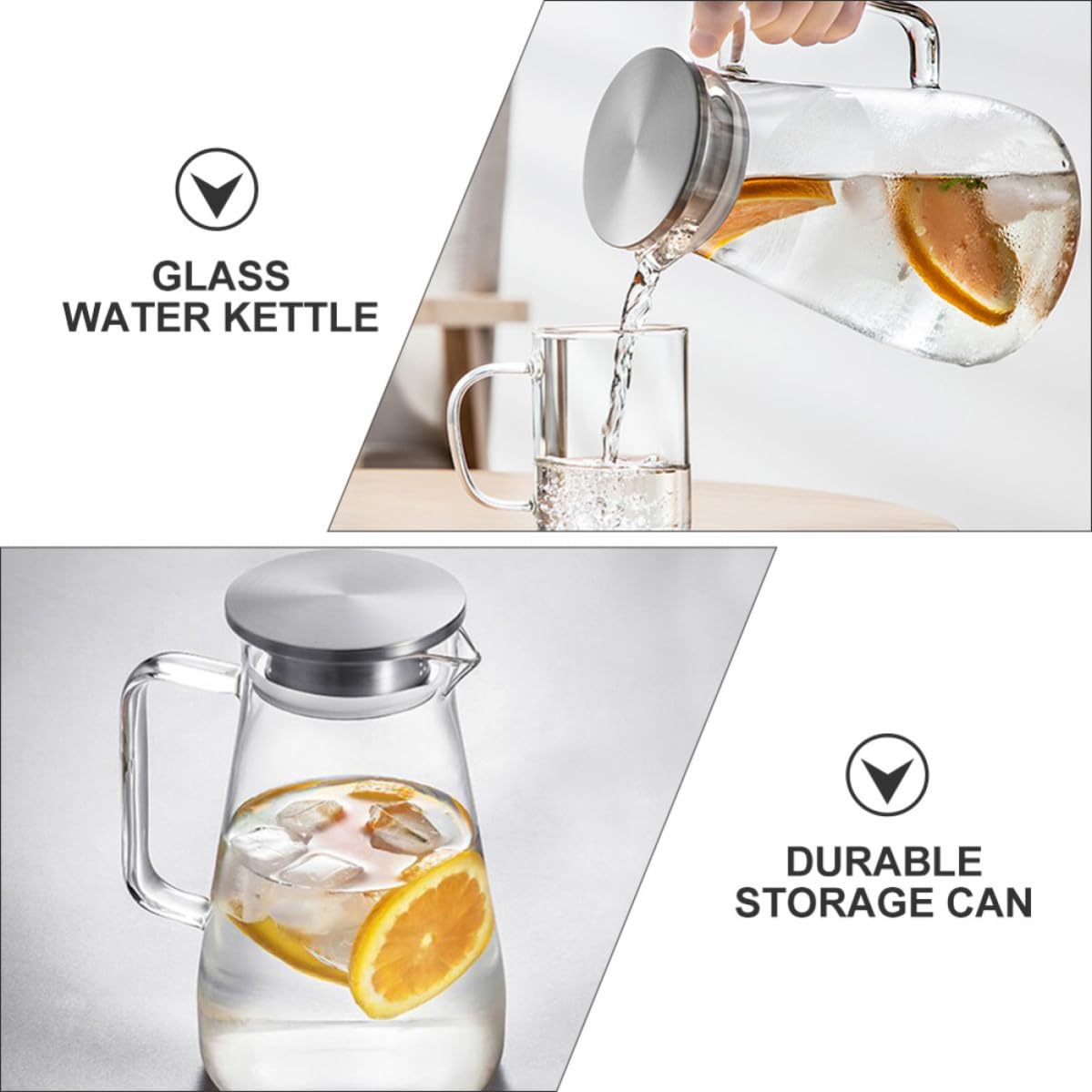 Jarra de Asa de Agua de Vidrio Fría Acero Inoxidable y 1500ml Diseño Cómoda Gran Capacidad para Uso en Casa y Tienda de Té