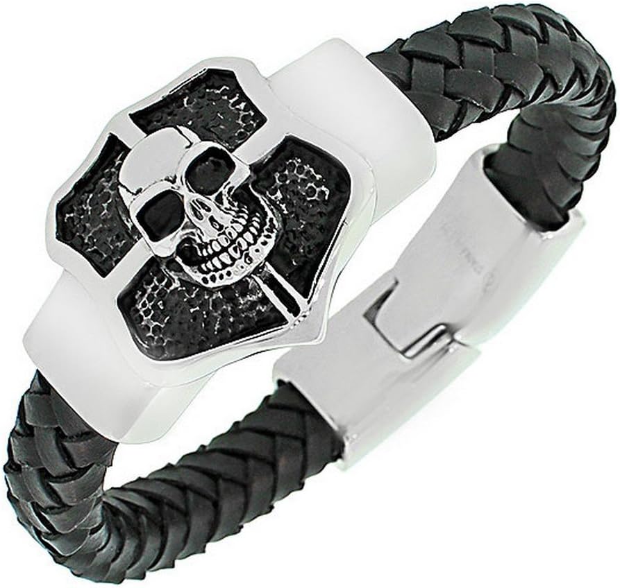 My Daily Styles Stainless Steel Black Leather Silver-Tone Skull Men's Bracelet