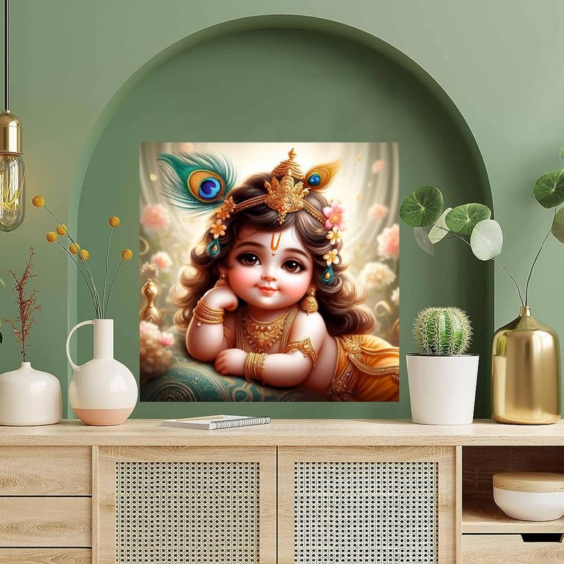 Image of British Terminal Cute little Bal Gopal Baby God Krishna| Kanha Ji | Laddu Lord Makhan Chor Painting Religious Poster for Pregnant Women for wall (matt thin vinyl,sticker,multicolor,unframed)| bj428