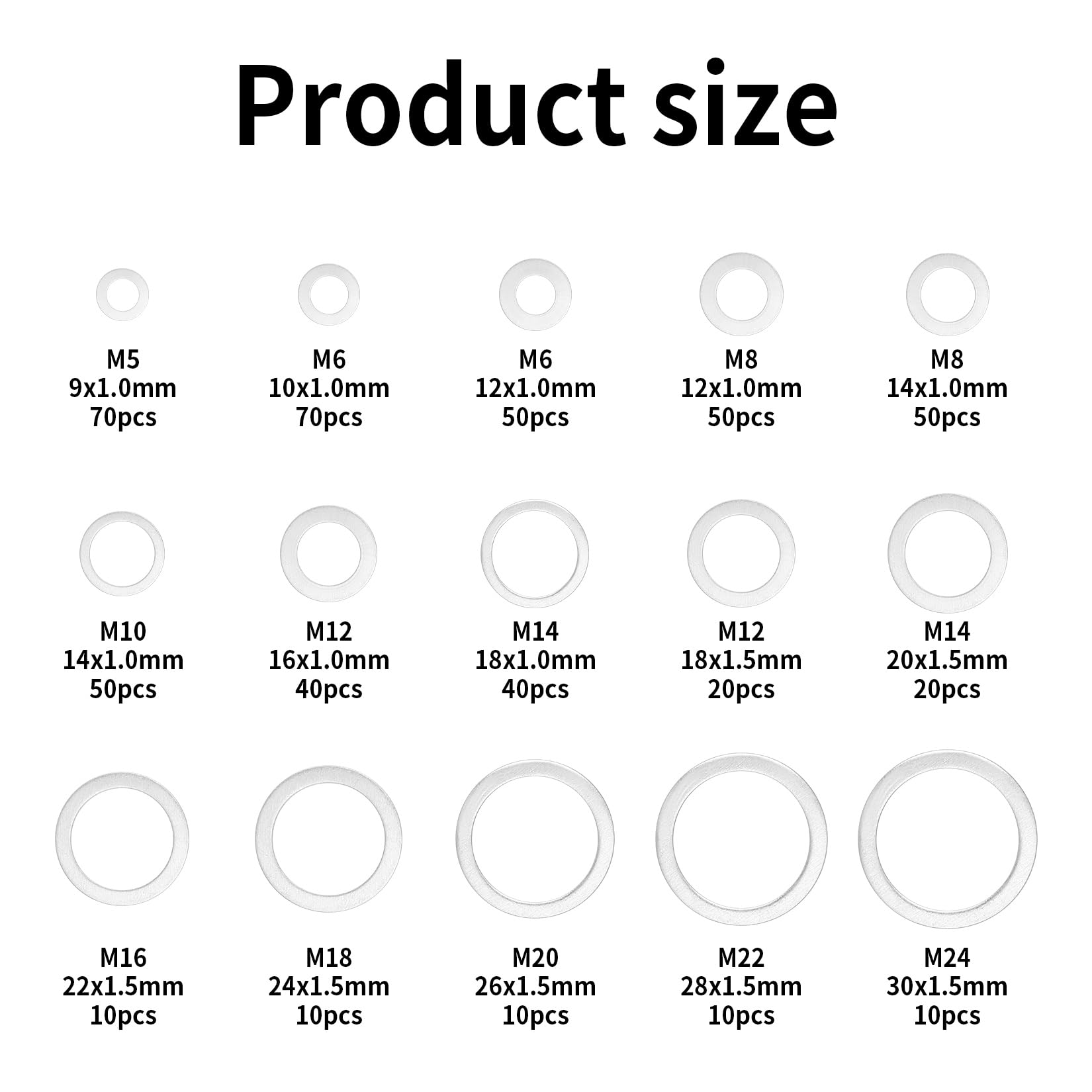 510 Pcs Aluminum Flat Washers for Screws Metal Washers for Bolts M5 M6 M8 M10 M12 M14 M16 M18 M20 M22 M24 Assorted Washerss - Image 2