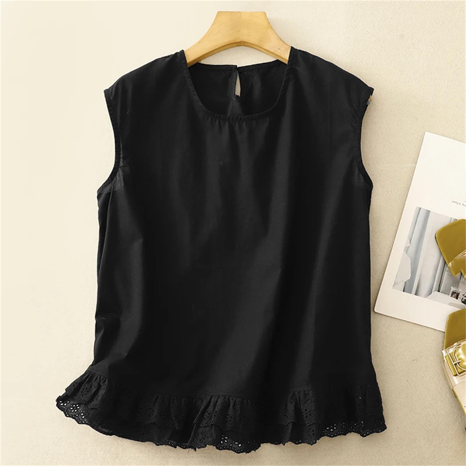 playera sin mangas de algodón y lino para mujer, con dobladillo con volantes, básica, sin mangas, fina y blanca, color negro