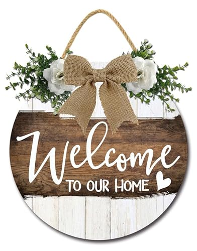 Geroclonup Cartello con scritta "Welcome to Our Home" per porta d'ingresso, ghirlanda di fattoria, decorazione da parete, 28 cm, rustico, rotondo, in legno, da appendere, per la decorazione della