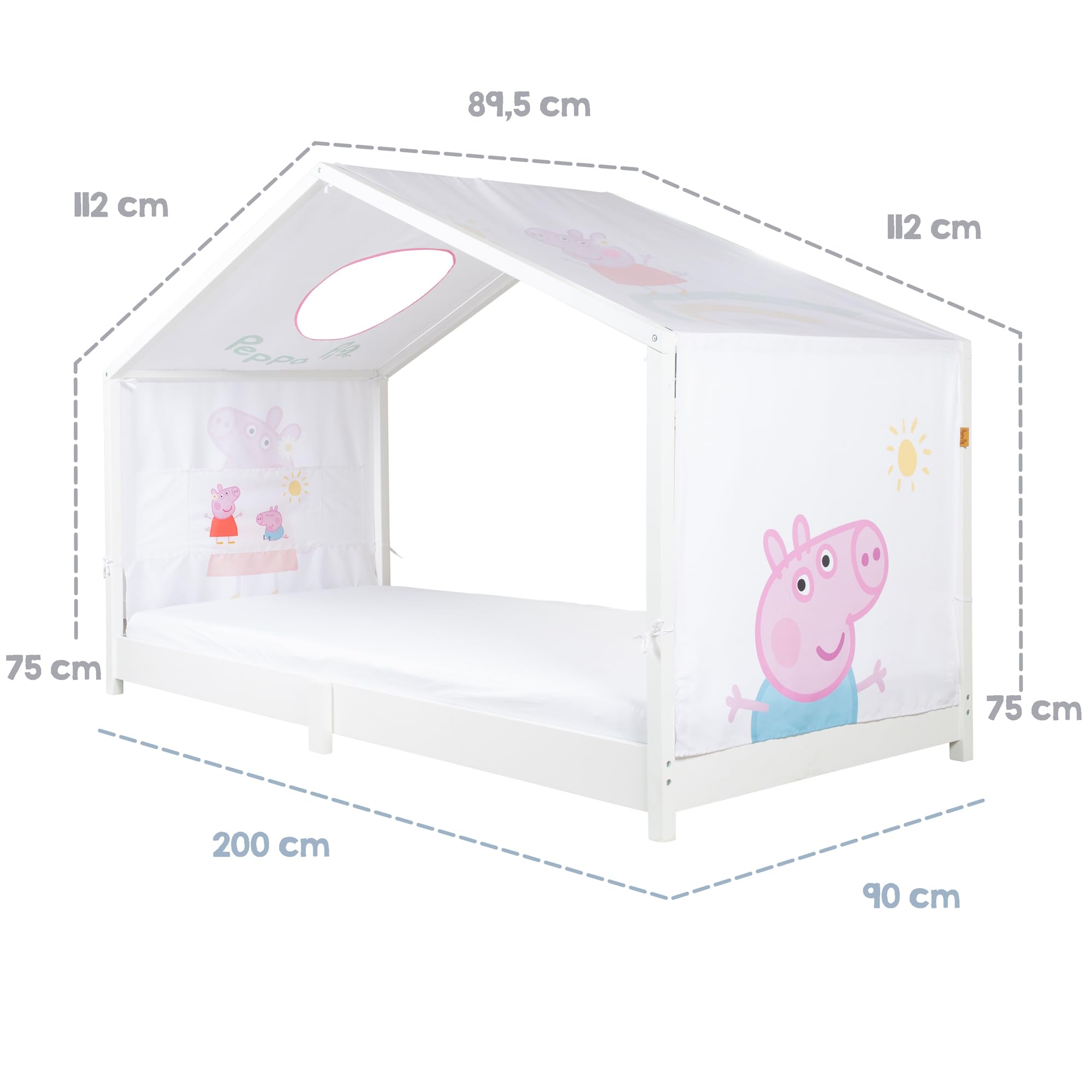 Funda roba para camas Montessori tipo casita 90 x 200 cm con diseño Peppa Pig - Accesorio para convertirla en cama con dosel - Incluye 3 bolsillos y ventana en el techo