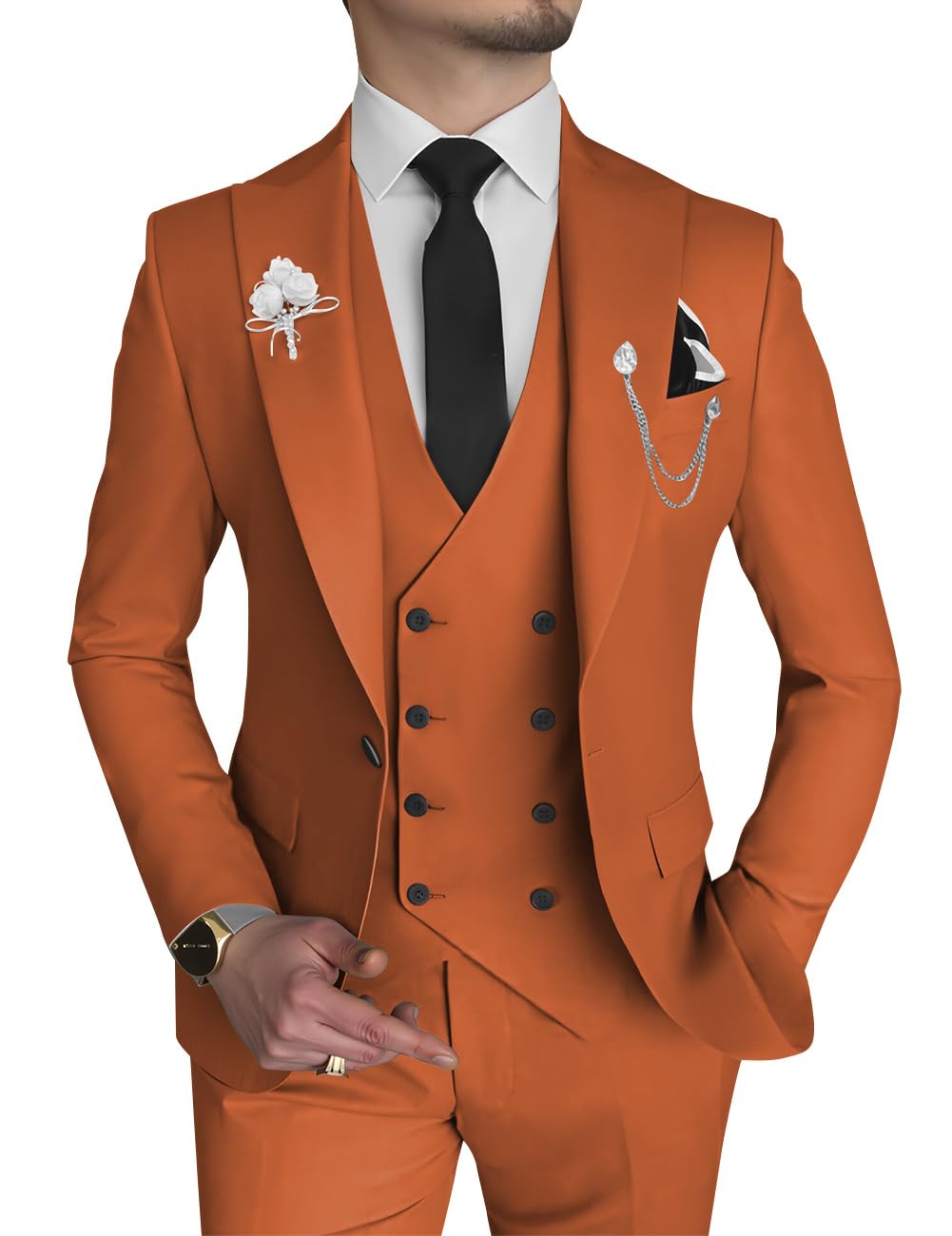 Wangyue Men’s 2 Piece Suit, Slim Fit, Double Breasted Blazer and Pants for Wedding, Groom, Smoking Peak Tuxedo Lapels