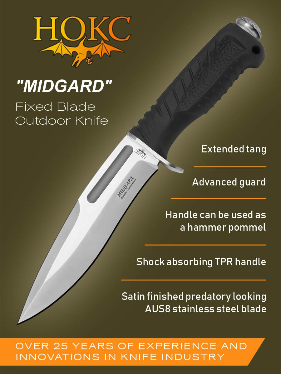 HOKC Midgard | 613-188851 | Hunting Knife, Tactical Knife by Official Dealer - Designed by Russian Master Aleksander Biryukov - Advanced Guard, TPR Handle, Extended Tang, Hammer Pommel, Long and Durable AUS8 Stainless Steel, Satin Finished - Ideal for Camping & Hunting
