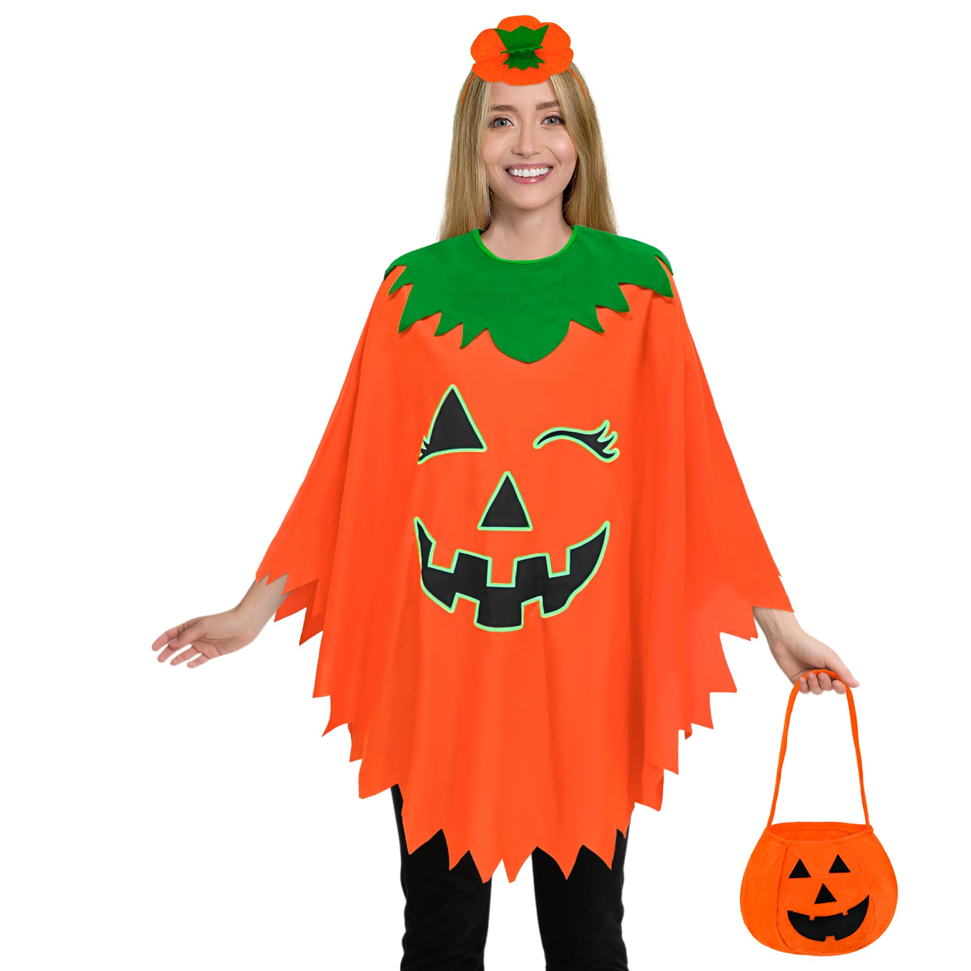 Yezmo Accesorios de disfraz de calabaza, disfraz de poncho de calabaza que brilla en la oscuridad con diadema, bolsa de caramelos para adultos, mujeres y hombres, disfraz de cosplay