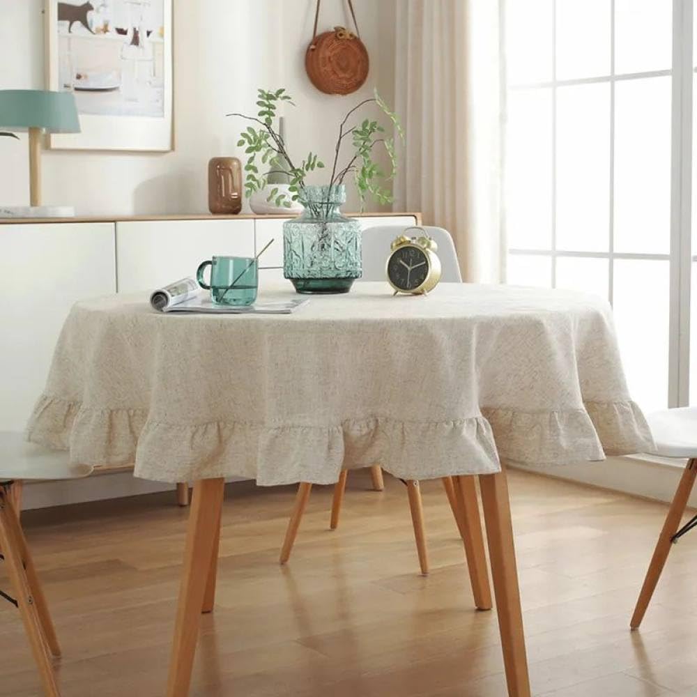 Nappe ronde en lin et coton d'inspiration française aux finitions pompons raffinées